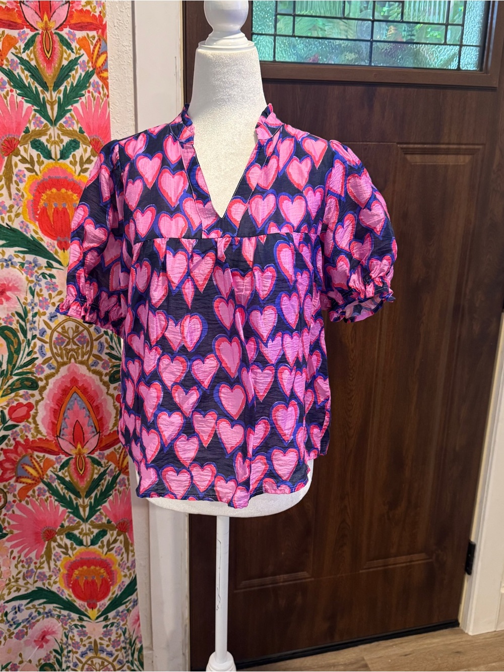 THML Pink Heart-Print V-Neck Puff Sleeve Blouse
